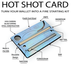 Hot Shot Fire Card Survival Knife with Fire Starter Kit. Starting a fire with the magnesium and a ferro rod fire starter on the hot shot fire cards is easy