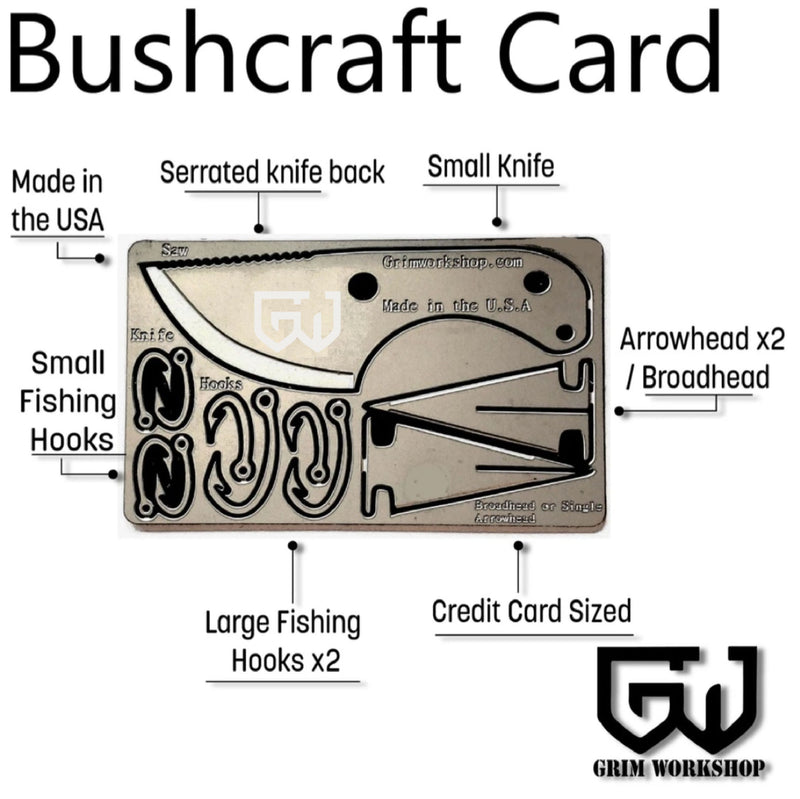 Bushcraft EDC Survival Card 11 function credit card survival tool and bushcraft edc kit. grim workshop creates the best credit card sized multi tool