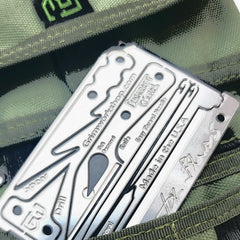 Joe Flowers pocket survival card and wallet tool kit full of bushcrafting tools.