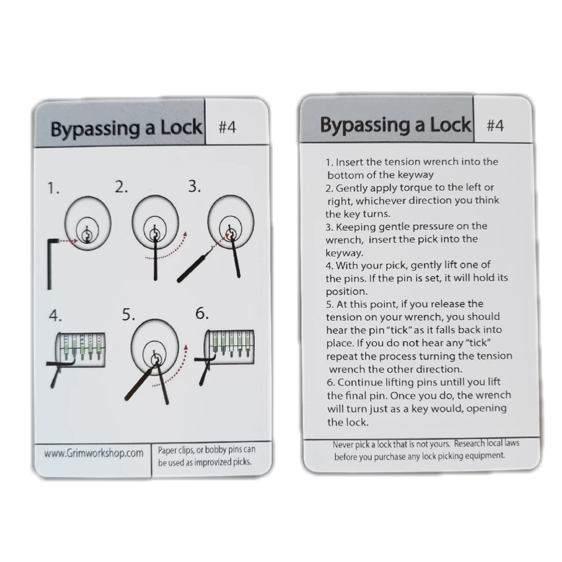 #4 How to Pick a Lock Instruction and Tip Card-Grimworkshop-bugoutbag-bushcraft-edc-gear-edctool-everydaycarry-survivalcard-survivalkit-wilderness-prepping-toolkit