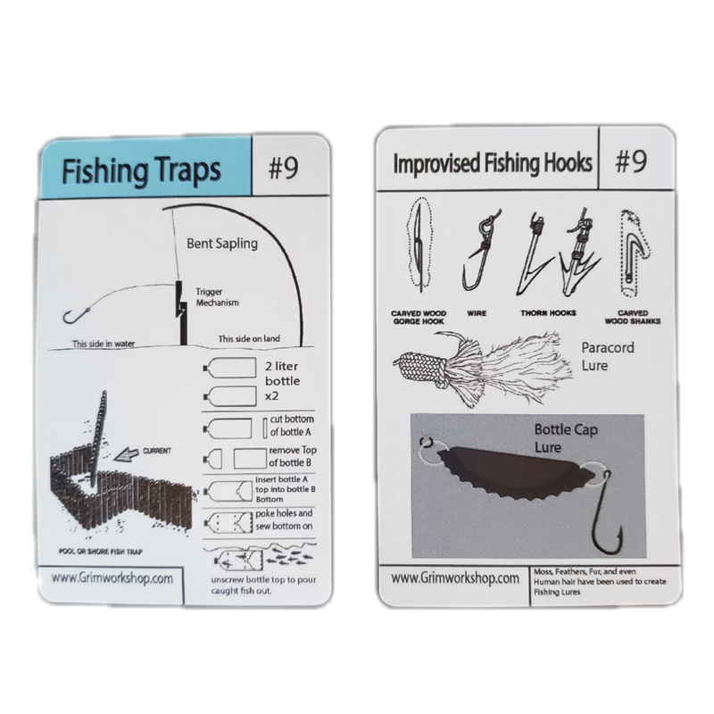#9 Fish Trap and Improvised Hooks Tip Card-Grimworkshop-bugoutbag-bushcraft-edc-gear-edctool-everydaycarry-survivalcard-survivalkit-wilderness-prepping-toolkit