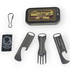 micro stainless steel mess kit with keychain fork, keychain bottle opener, and keychain can opener