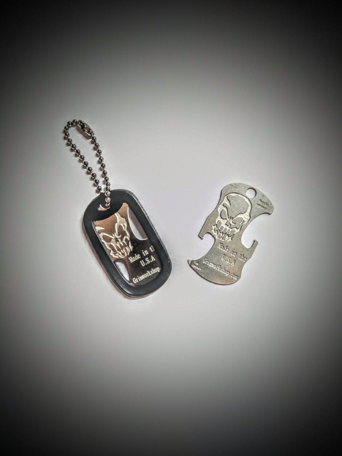 dog tag bottle opener necklace. This can opener bottle opener combo for everyday carry or mess kits!