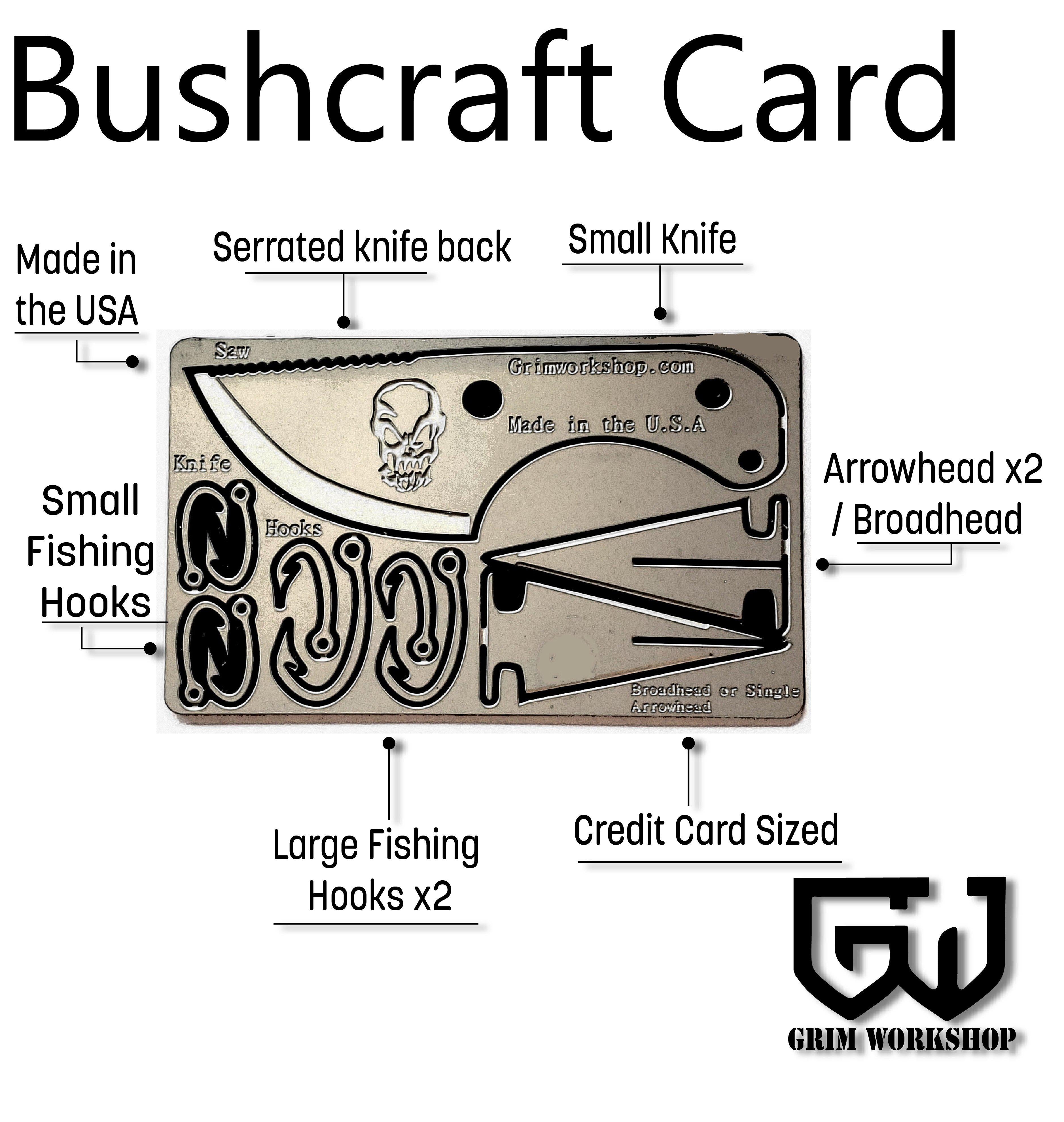 Bushcraft EDC Survival Card 11 function credit card survival tool and bushcraft edc kit. grim workshop creates the best credit card sized multi tool