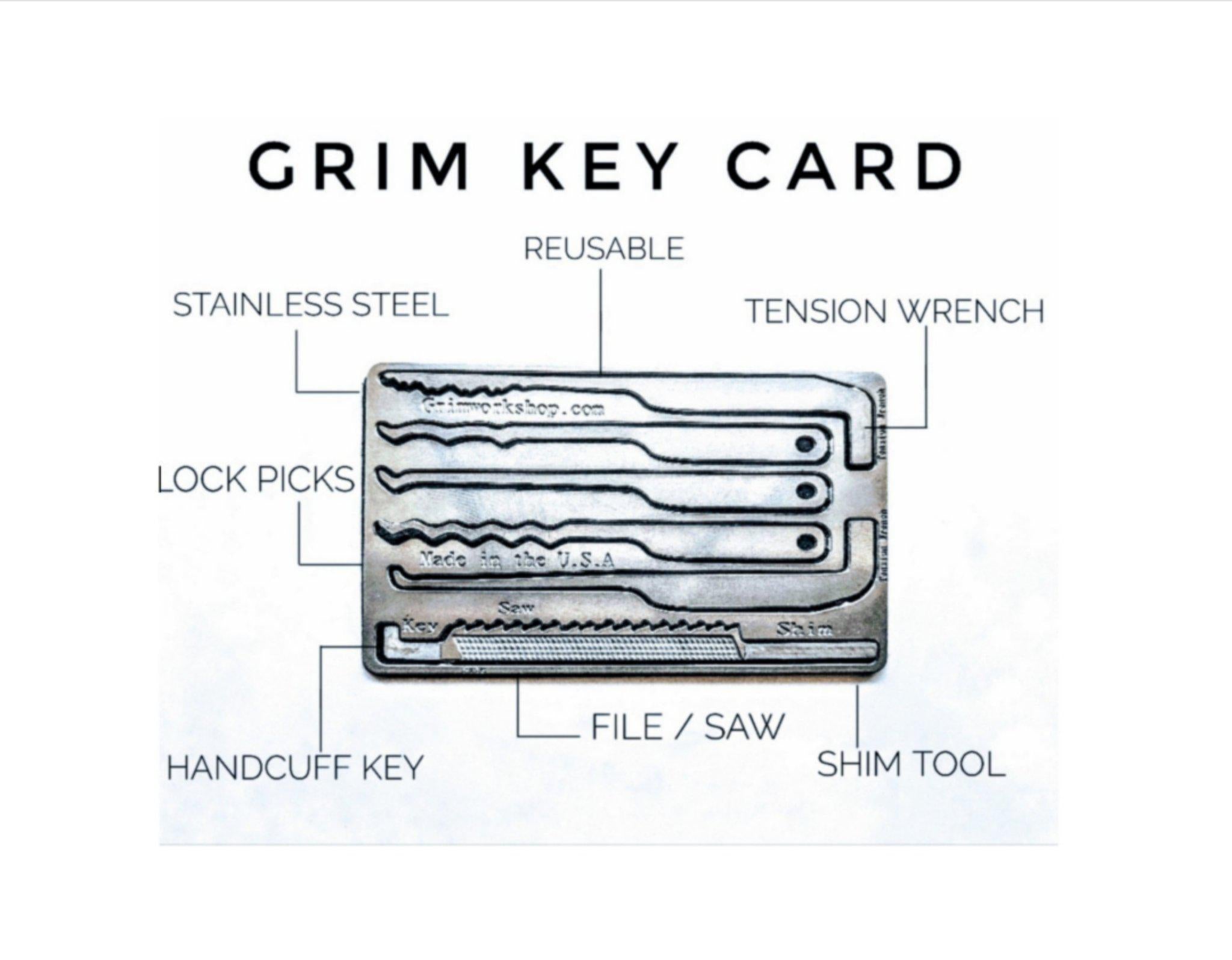 Grim Key Lock Picking and Escape Card-Grimworkshop-bugoutbag-bushcraft-edc-gear-edctool-everydaycarry-survivalcard-survivalkit-wilderness-prepping-toolkit