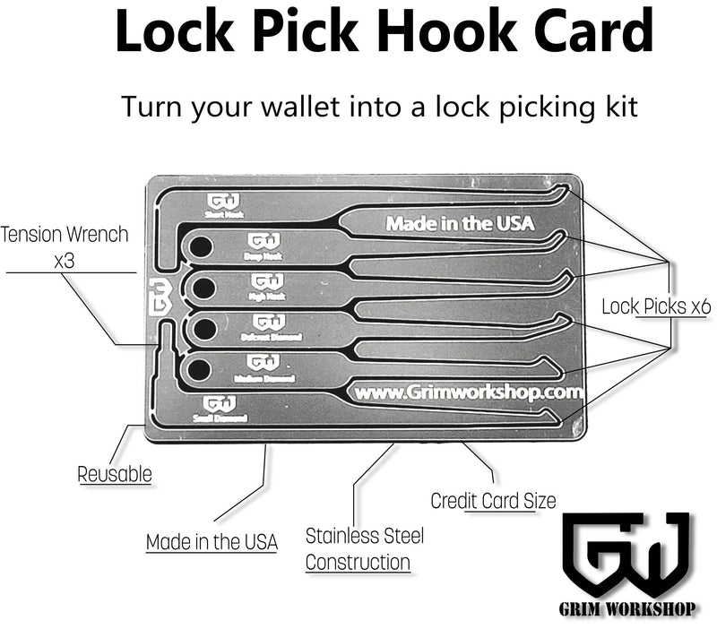 Credit Card Lockpick Kit - The Lock Pick Hook Card pocket lock pick set. This stainless steel lock pick set on a lock pick card